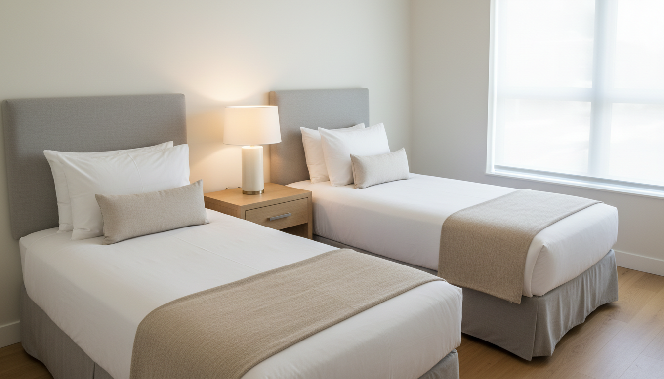 A carefully arranged twin bedroom suite showing two identical beds with crisp, white linens and textured sand-colored throws, separated by a light wood nightstand featuring a contemporary ceramic lamp in a neutral shade. The beds are perfectly parallel, each with structured, supportive pillows. A large, unadorned window fills the room with soft, natural light, emphasizing the cleanliness and order of the space. Shadows are subtle, and the composition is balanced with symmetry, viewed from a slightly elevated corner angle. The atmosphere is calm and inviting, visually communicating a sense of dignity, privacy, and personal space within a group home, with photographic clarity and a refined, corporate style.
