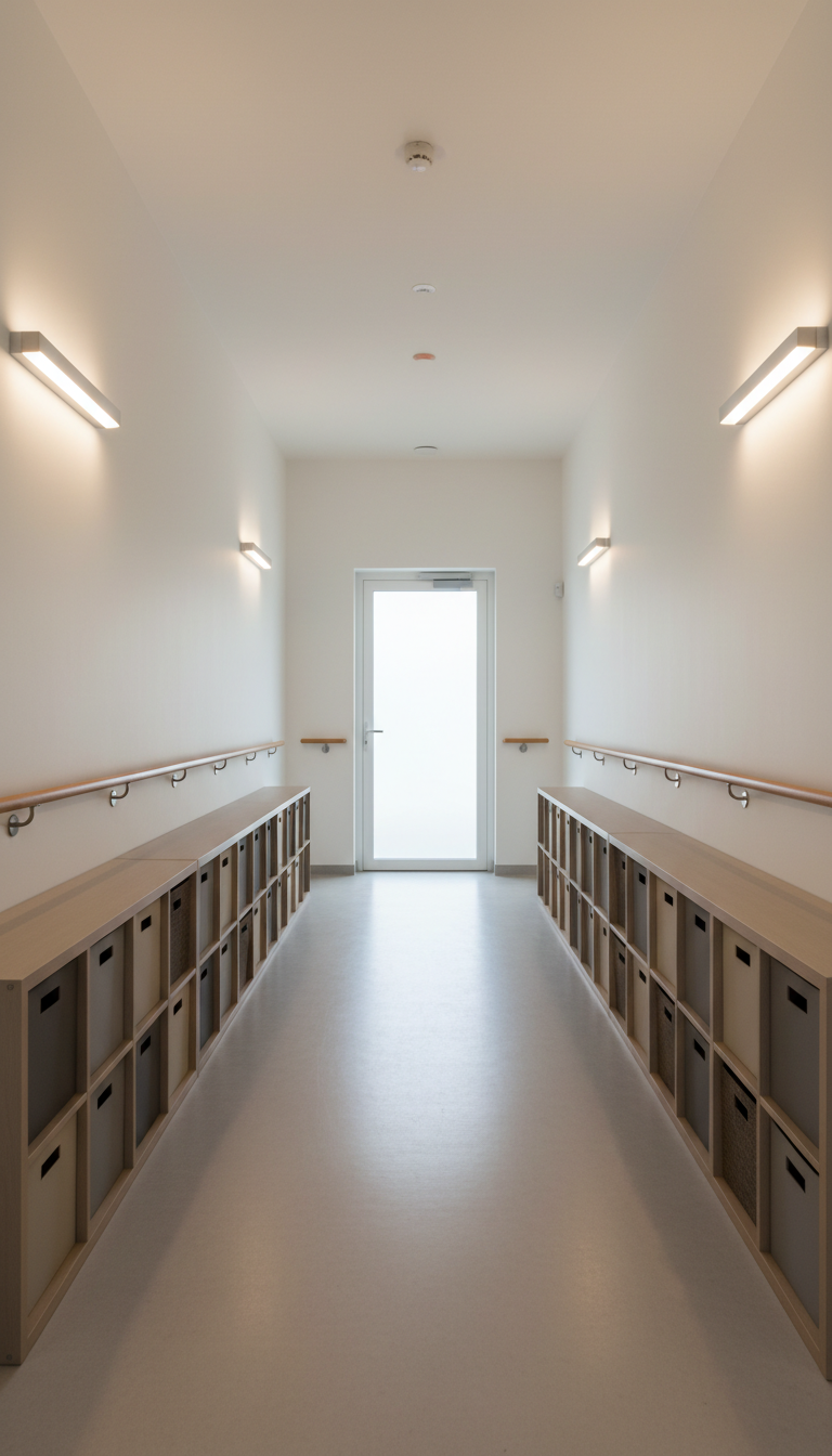 A meticulously organized hallway with smooth, matte eggshell white walls and sleek wooden handrails, leading towards a partially open door with a frosted glass panel. Along the walls, a row of evenly spaced neutral-toned storage cubbies and polished stainless-steel wall sconces offer subtle accent details. Soft, ambient artificial lighting combines with a hint of natural daylight from an unseen window, resulting in gentle, harmonious highlights and consistent illumination. The scene is quiet and orderly, evoking a sense of comfort and security. Captured from a centered, straight-on angle with crisp sharpness, the image reflects a clean, corporate aesthetic with an emphasis on safety, accessibility, and structured living spaces.