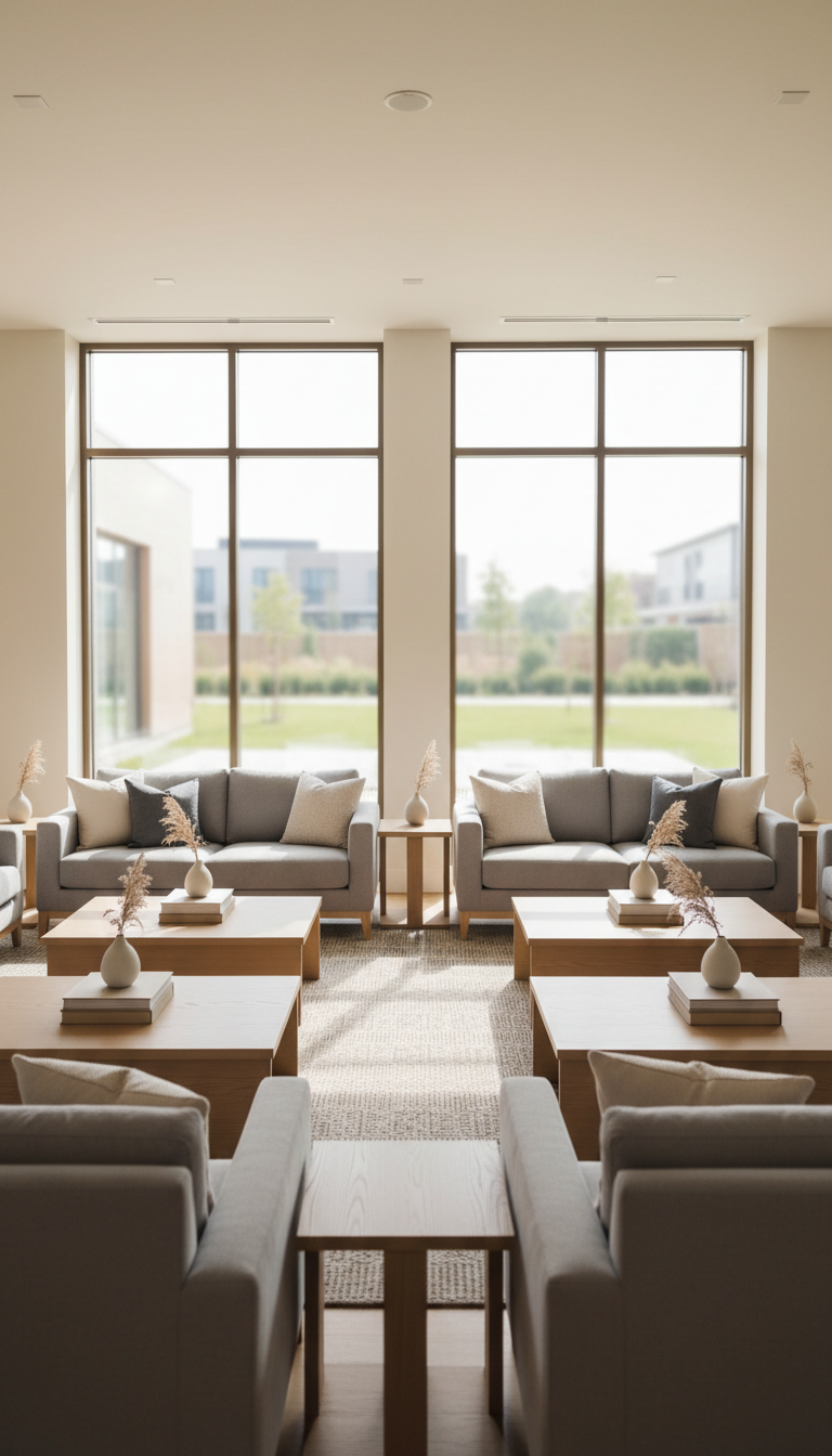 A tidy, well-appointed common room featuring contemporary, minimalist furnishings in soft grey and ivory upholstery, accented by clean-lined oak tables. Arranged in a symmetrical layout, the space exudes structure and order. Decorative neutral-toned throw pillows and a small stack of understated hardcover books rest on the tables. The room is illuminated by soft, natural daylight streaming in from expansive, floor-to-ceiling windows, casting gentle, diffuse shadows and creating a serene, welcoming mood. The photograph is shot from an eye-level perspective with balanced composition and sharp focus throughout, capturing the calm professionalism of a graceful, dignified group living environment. The style is photographic realism with a corporate, polished aesthetic, aligning with the site’s mission of safety and compassion.